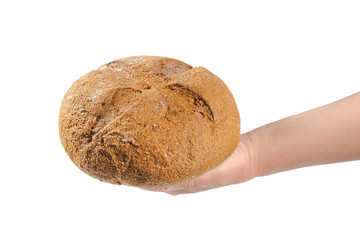 Freshly baked bread in the hands of a baker Isolated on a white background.