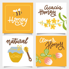 Set of banners on the theme of honey, with a glass jar, types of honey, clover and acacia flowers, bee and handwritten lettering. Design collection of square cards. Vector flat hand drawn illustration