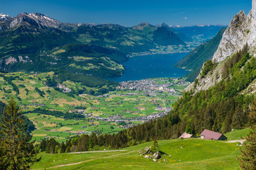The view over the beautiful Vierwaldst&auml;tersee lake, Brunnen and the majestic Alpine peaks from Holzegg, Mythen region. Brunni-Holzegg-M&uuml;sliegg footpath in Mythen region.