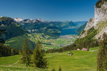 Fototapeta premium The view over the beautiful Vierwaldstätersee lake, Brunnen and the majestic Alpine peaks from Holzegg, Mythen region. Brunni-Holzegg-Müsliegg footpath in Mythen region.