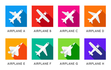 Aircraft or Airplane Flat Minimal Square Icons Set Collection Vector Silhouette
