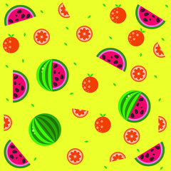 a whole watermelon and pieces of watermelon and oranges on a yellow background