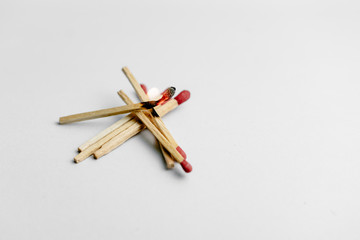 Fototapeta na wymiar A close up shot of a flammable match stick stacked in a white background