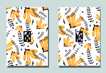 Postcards with abstract flowers and tropical leaves. Two modern vector flyers. Floral wallpaper for business brochure, cover design.