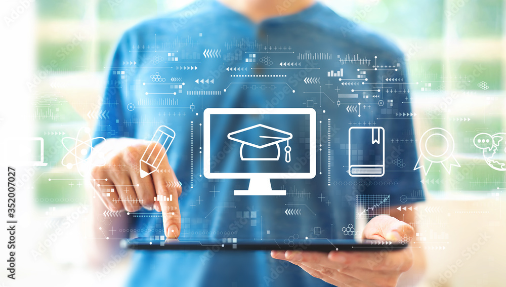 Poster e-learning concept with young man using a tablet computer
