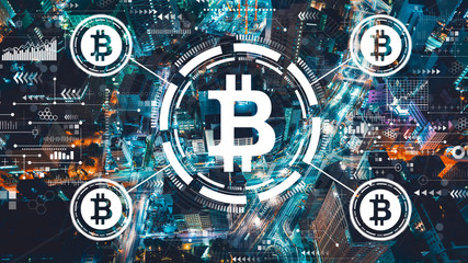 Fototapeta premium Bitcoin theme with aerial view of Tokyo, Japan at night