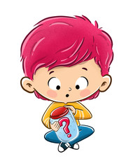 Niño sentado con un tarro que tiene una sorpresa