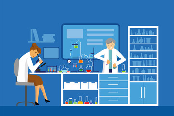 Illustration of scientists men and woman working at science lab Chemical experiment lab testing flat vector illustration Scientists in white lab coats analyzing liquid in tubes lab cartoon characters.