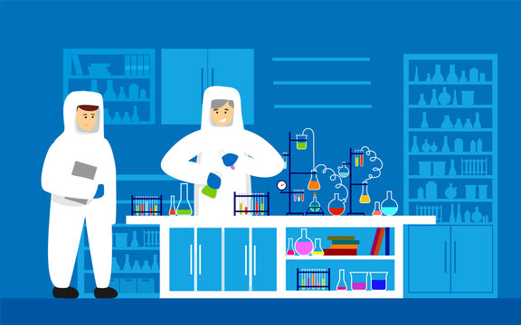 Dangerous chemical lab experiment vector illustration. scientists in protective suits lab cartoon characters mixing toxic fluid Chemistry pharmacy biotechnology Laboratory biochemical discovery