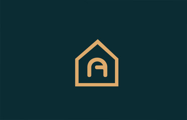 yellow A alphabet letter logo icon for company and business with house contour design