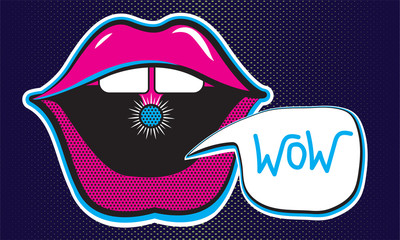 Stickers of open mouth.Cheeky lips of a girl with bubble. Juicy neon illustration on a dark blue background. vector isolated elements.