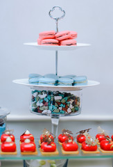 Catering of pink and blue macaroons at a celebration Baby Shower in an unusual design with plates and sweets in a glass bowl