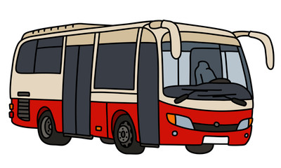 The vectorized hand drawing of a red and white city bus