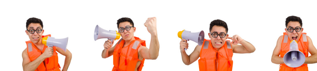 Naklejka premium Funny man wearing vest with loudspeaker