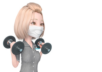 Fototapeta premium blond nurse cartoon wearing mask is doing some workout exercise with the dumbbells close up with copy space
