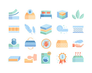 Large set of bedding and mattress icons advertising the various attributes of the designs on white, colored vector illustration