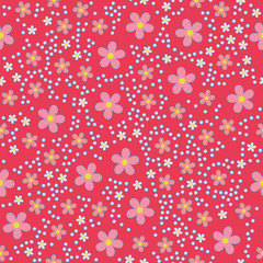 Lots of little daisies on red. Seamless pattern.
