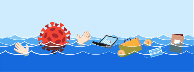 Virus drowns unfortunate manager in deep water. Businessman in stress. Business drowning,ask to help, support at crisis. Cartoon concept problem bankruptcy, pandemic effect. Global finance risk