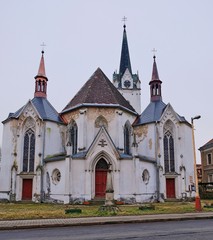 Fototapeta na wymiar Church of Saints Fabian and Sebestian, Zakupy town, Czech Republic. Winter 2020