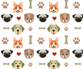 set of animals, dogs pattern. 4 types of dogs are depicted: Corgi, Labrodor, Pug and Spitz