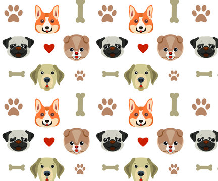 set of animals, dogs pattern. 4 types of dogs are depicted: Corgi, Labrodor, Pug and Spitz