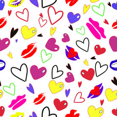 Fototapeta na wymiar Seamless pattern. Colored hearts and lips. Drawing in flat style. Transparent background. Vector