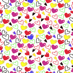 Seamless pattern. Colored hearts. Drawing in flat style. Transparent background. Vector