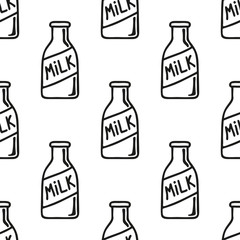 Black contour milk bottles isolated on white background. Cute seamless pattern. Hand drawn vector graphic illustration. Texture.