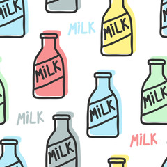 Multi-colored milk bottles isolated on white background. Cute seamless pattern. Hand drawn vector graphic illustration. Texture.