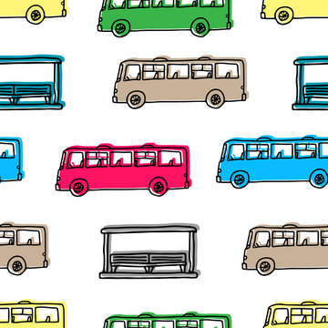 Multicolored cartoon buses and stop isolated on white background. Childish cute seamless pattern. Hand drawn vector graphic illustration. Horizontal side view. Texture.