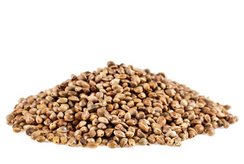 Heap of cannabis seeds isolated on a white background.