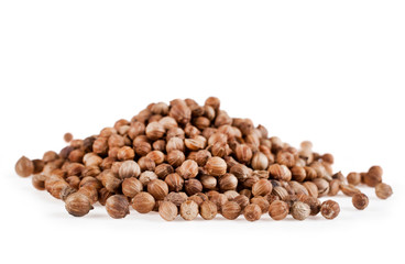 Heap of coriander seeds isolated on a white background.