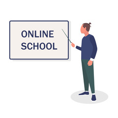 Vector cartoon character of a man standing at the blackboard with a pointer in his hand. Online School is written on the blackboard. Flat style banner for online school design, educational concepts.