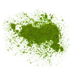 Heap of powdered matcha tea isolated on a white background. Top view.
