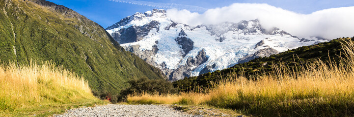 Fototapeta na wymiar Mount Cook, New Zealand. plane ride to an area completely covered by ice and snow. Oceania. Web banner