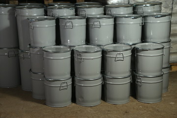 200 liter barrels in the production warehouse