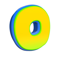 Comic style letter o. Creative high detail yellow and blue comic font.Multilayer funny colorful 3d render letters and figures for decoration of kids' illustrations, websites, comics, banners.