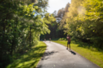 Obraz premium Blurred image of a park trail with some people