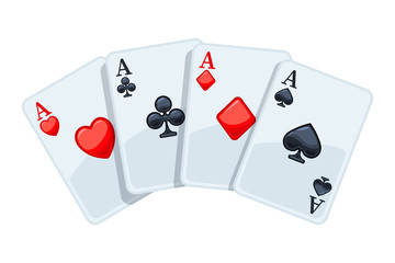 Four aces playing cards. Winning poker hand. Isolated vector illustration on white background.  