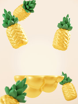 Minimal Beverage background for smoothie and drink presentation. Yellow cloud podium with falling pineapple. Cafe poster templates mockup . 3d render illustration.
