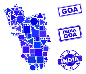 Vector mosaic Goa State map. Geographic plan in blue color tints, and grunge round and rectangle stamp seals. Abstract mosaic of Goa State map created of round, triangles, square geometric elements.