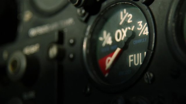 Fuel Gauge inside an old Bomber Plane. Close-Up.