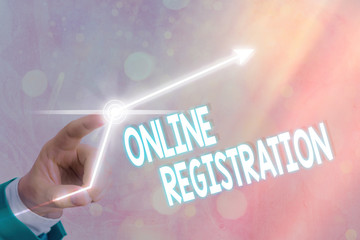 Text sign showing Online Registration. Business photo showcasing System for subscribing or...