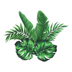 Composition with tropical green and monstera leaves