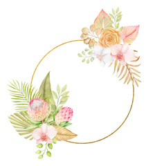 Watercolor  round golden frame with hand-drawn tropical palm leaves, 
roses, orchid, protea flowers. Boho dried leaves greenery. 
Bohemian wedding invitation, save the date card, autumn illustration.