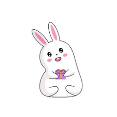 Cheerful white bunny holds a gift in its paws. Isolated hare on a white background. Stock vector illustration.