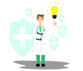 Creating Ideas, Doctor and idea bulb. Scientific ideas in health.