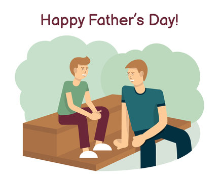 Happy Father's Day. Vector illustration. Son and father sit and laugh.