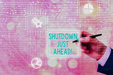 Conceptual hand writing showing Shutdown Just Ahead. Concept meaning closing factory business...