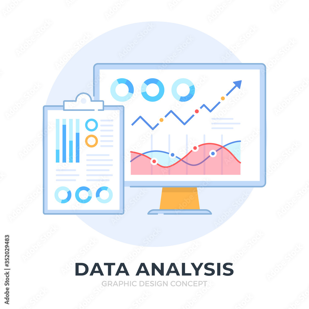 Poster data analysis. vector illustration. clipboard and computer with infographic, charts, diagrams, graph